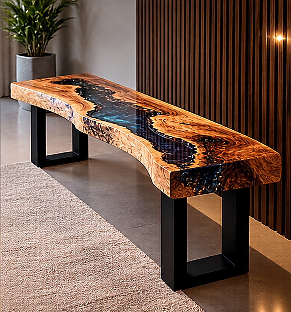 Live-edge oak bench with midnight blue resin river and steel trestles