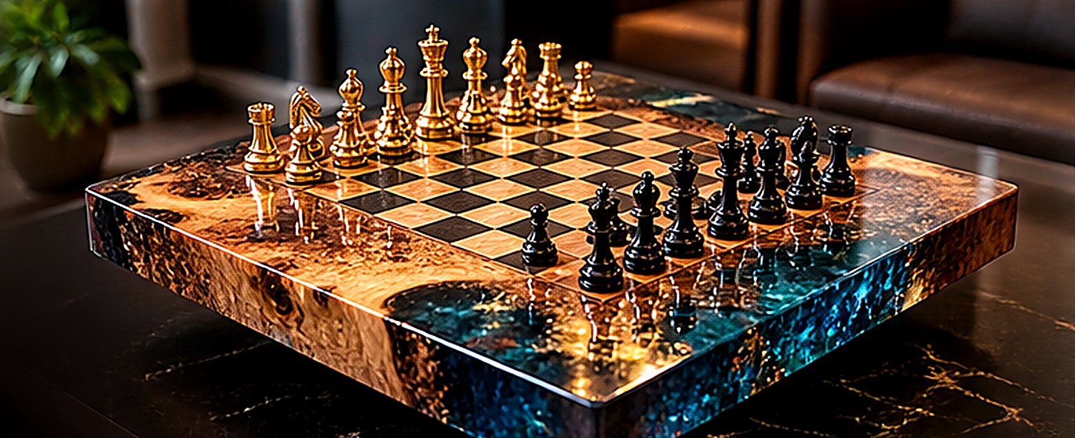 Games table with inlaid chessboard and sapphire resin edges
