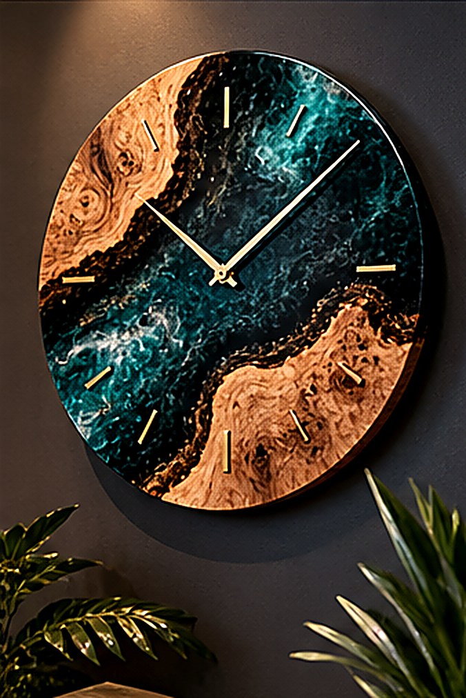 Round wall clock in olive burr wood with an emerald resin current