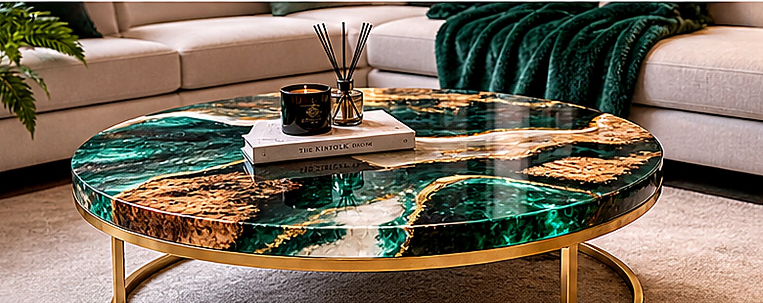 Round malachite-green resin coffee table with gold accents