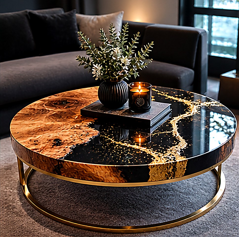Round coffee table with ink-black resin and gold veining on a brass base