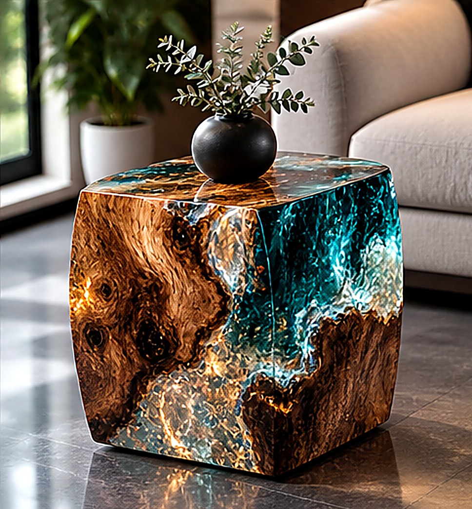 Cube side table in burr oak with glowing teal resin