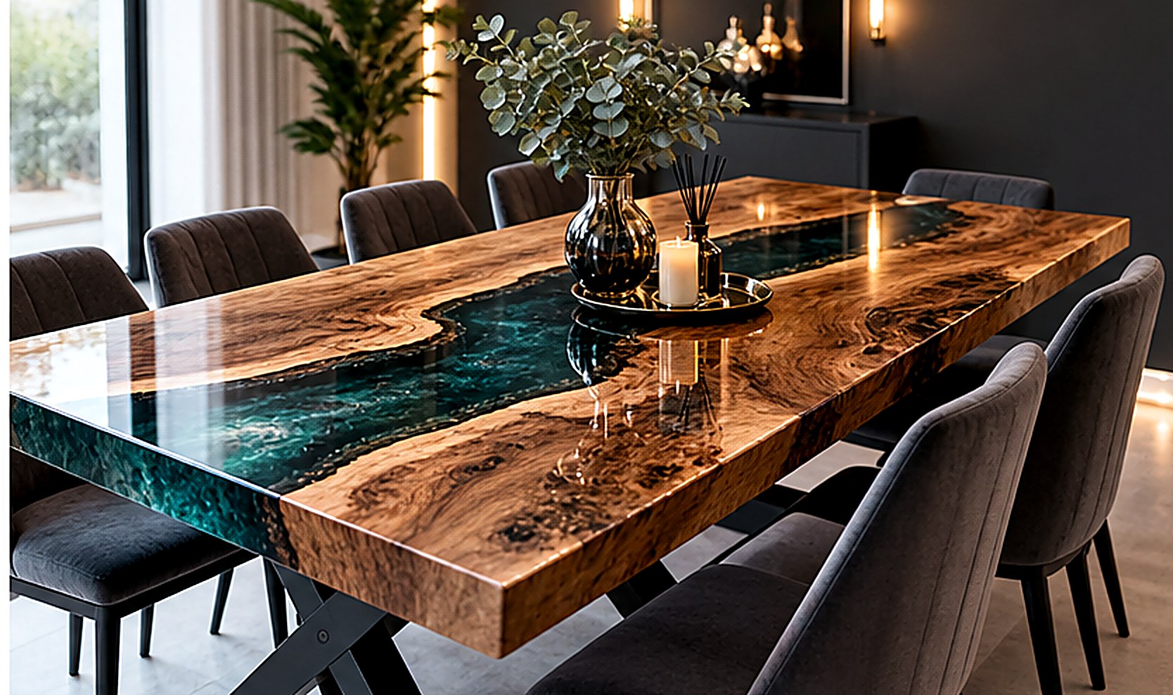 Emerald river dining table in live-edge oak with deep teal resin