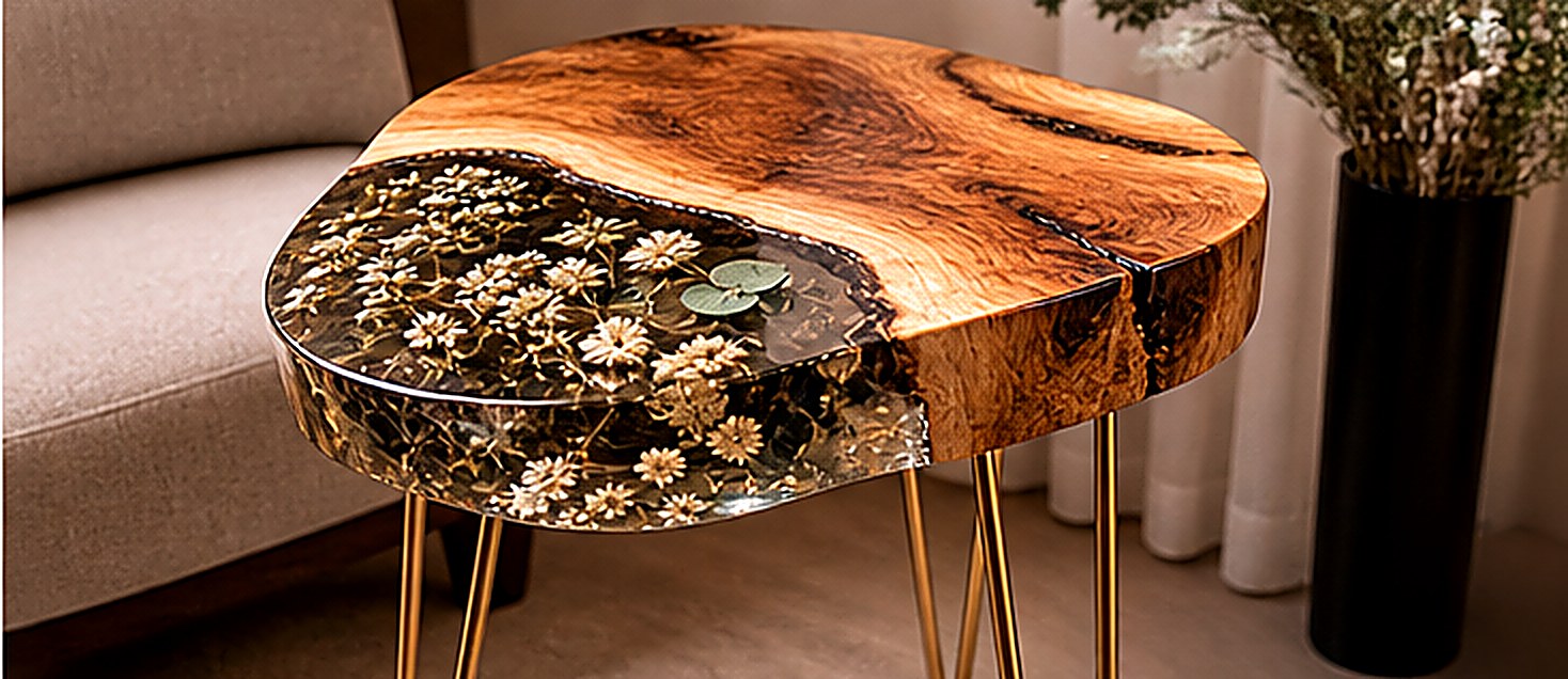 Side table with pressed wildflowers cast in clear resin on gilt hairpin legs