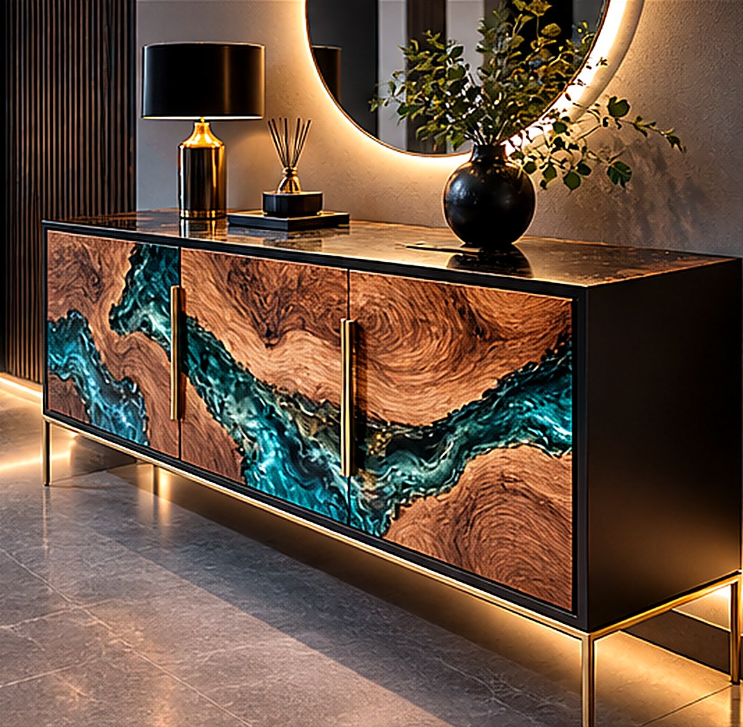 Sideboard with walnut doors and tidal teal resin panels